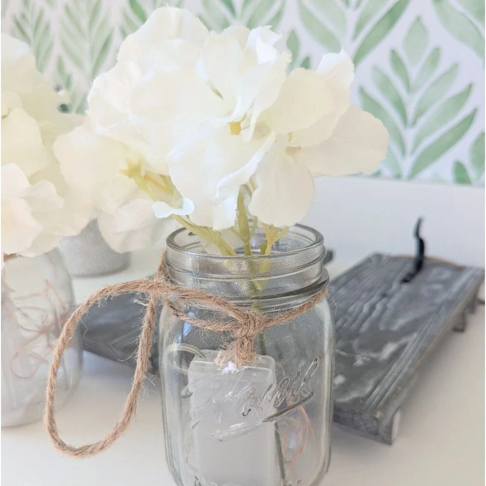 Gray Wood Wall Hooks Hanging Mason Jars Lights And Flowers Decor Cottagecore